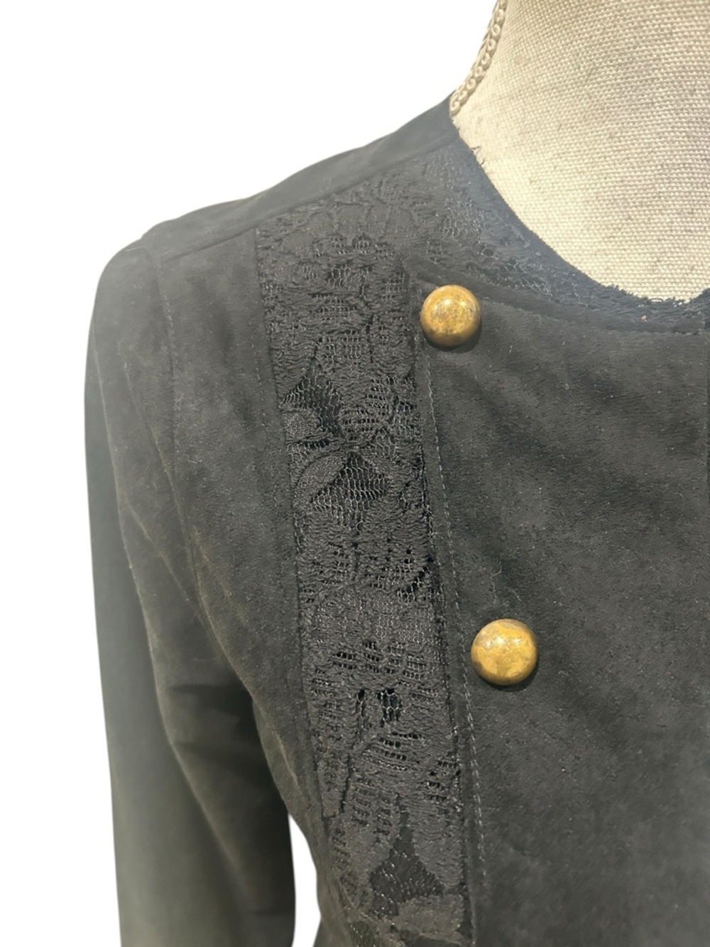 Nwot Vocal black faux Suede Long duster Lace-Trim Military gold Button Jacket - Picture 5 of 11